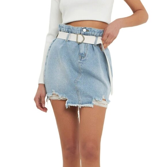 NWT GREY LAB Women's High Rise Belted Frayed Hem Denim Mini Skirt - Picture 1 of 7